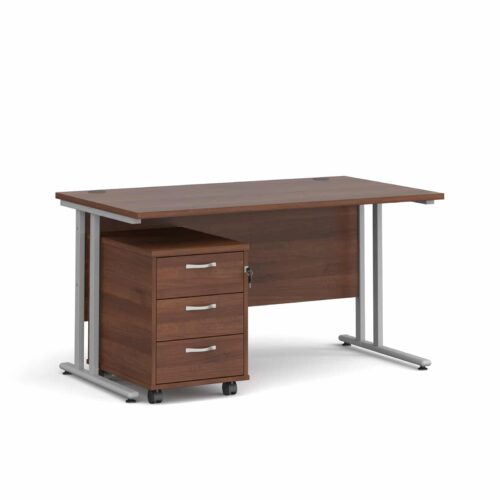 Walnut Straight Desk with Pedestal